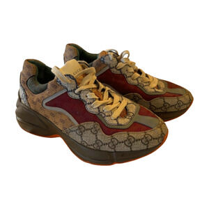 Gucci GG Supreme Rhyton Chunky Sneakers - Red/Beige Monogram - Size 7